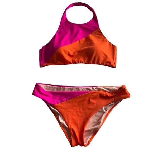 Victoria's Secret Pink Orange Color block Halter Hipster bikini set Size LARGE - Picture 2 of 13